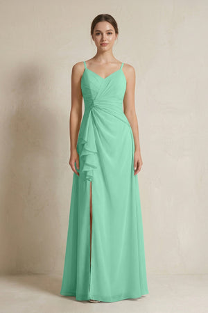 A - Line Ruffled Spaghetti Strap Chiffon Bridesmaid Dress in Turquoise - SHE IS ME Bridesmaid Dresses