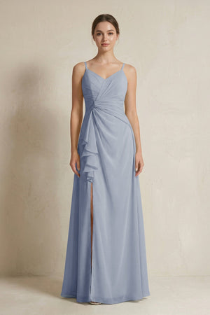 A - Line Ruffled Spaghetti Strap Chiffon Bridesmaid Dress in Twilight - SHE IS ME Bridesmaid Dresses