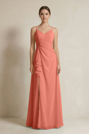 A - Line Ruffled Spaghetti Strap Chiffon Bridesmaid Dress in Wild Rose - SHE IS ME Bridesmaid Dresses