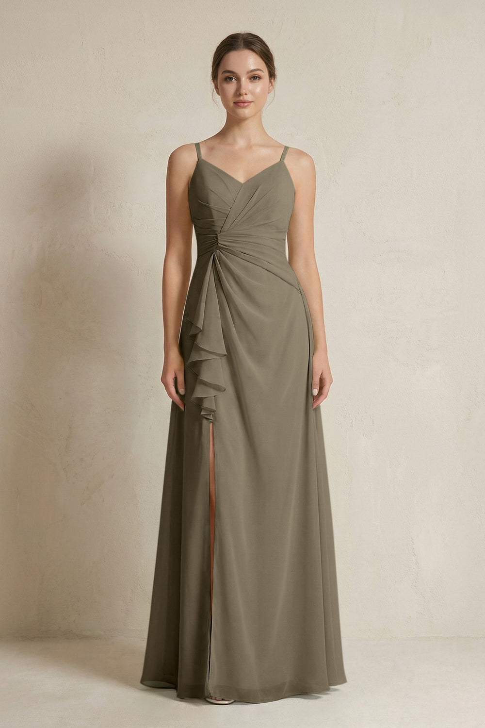 A - Line Ruffled Spaghetti Strap Chiffon Bridesmaid Dress in Willow Green - SHE IS ME Bridesmaid Dresses