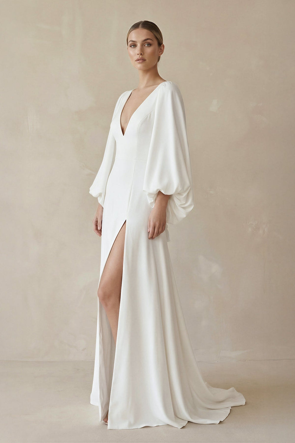 A - Line Satin Wedding Dress with Slit in White - SHE IS ME Wedding Dresses
