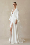 A - Line Satin Wedding Dress with Slit in White - SHE IS ME Wedding Dresses