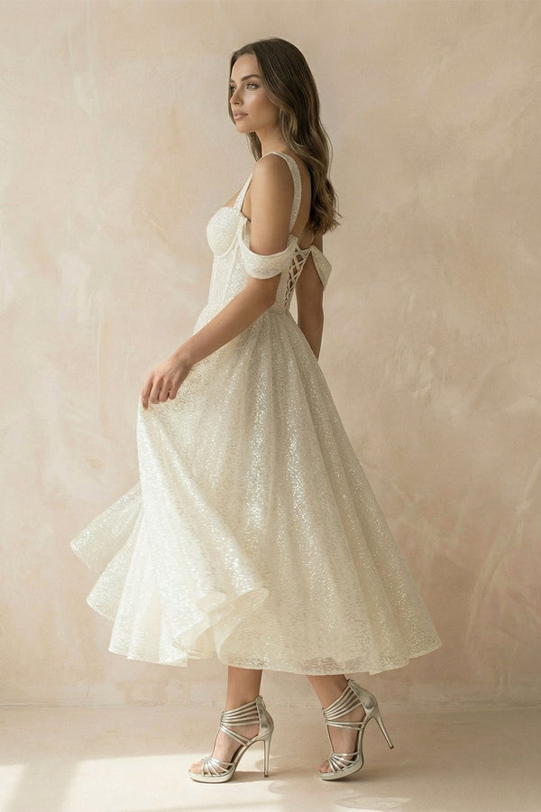 A Line Sequined Tea Length Wedding Dress in Ivory - SHE IS ME Wedding Dresses