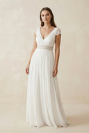A Line Short Sleeves Chiffon Wedding Dress With Lace in Ivory - SHE IS ME Wedding Dresses