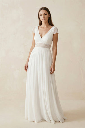 A Line Short Sleeves Chiffon Wedding Dress With Lace in Ivory - SHE IS ME Wedding Dresses