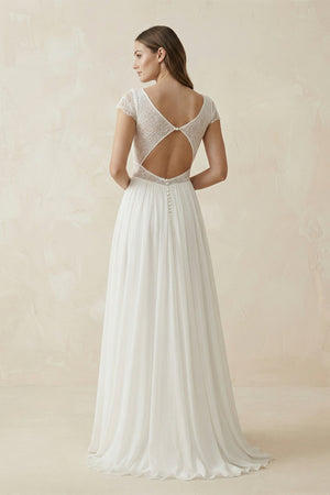 A Line Short Sleeves Chiffon Wedding Dress With Lace in Ivory - SHE IS ME Wedding Dresses