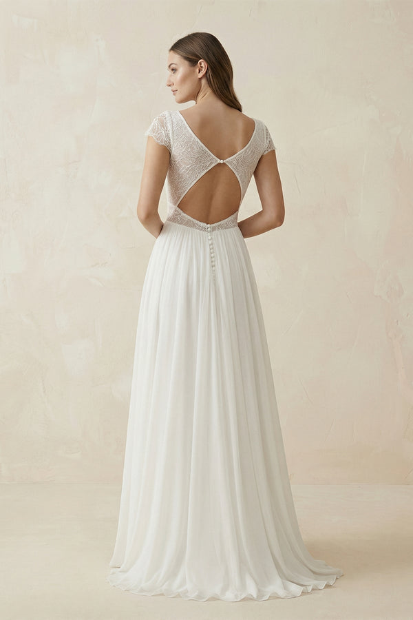 A Line Short Sleeves Chiffon Wedding Dress With Lace in Ivory - SHE IS ME Wedding Dresses