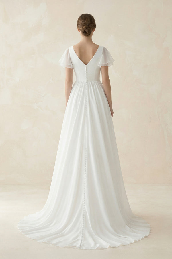 A Line Short Sleeves V Neck Chiffon Wedding Dress in White - SHE IS ME Wedding Dresses