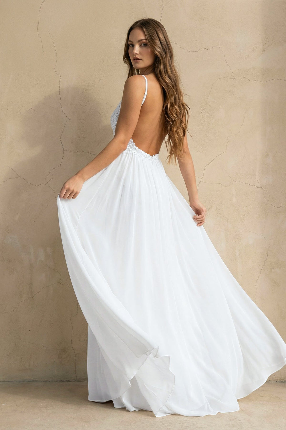 A Line Spaghetti Chiffon Lace Sleeveless Wedding Dress in White - SHE IS ME Wedding Dresses