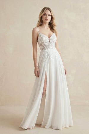 A - Line Spaghetti Straps Chiffon Wedding Dress in White - SHE IS ME Wedding Dresses
