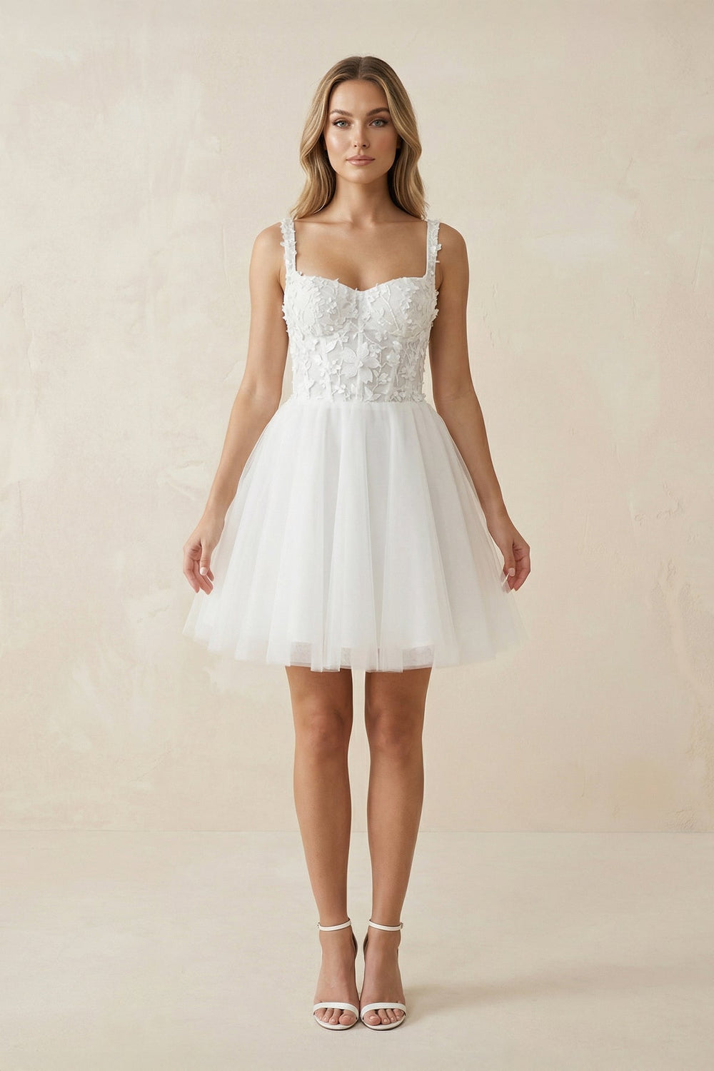 A Line Spaghetti Straps Tulle Wedding Dress With Appliques in White - SHE IS ME Wedding Dresses