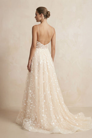 A Line Spaghetti Straps Wedding Dress in Champagne - SHE IS ME Wedding Dresses