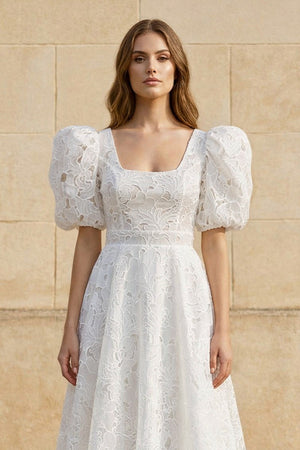 A Line Square Neck Lace Wedding Dress in White - SHE IS ME Wedding Dresses