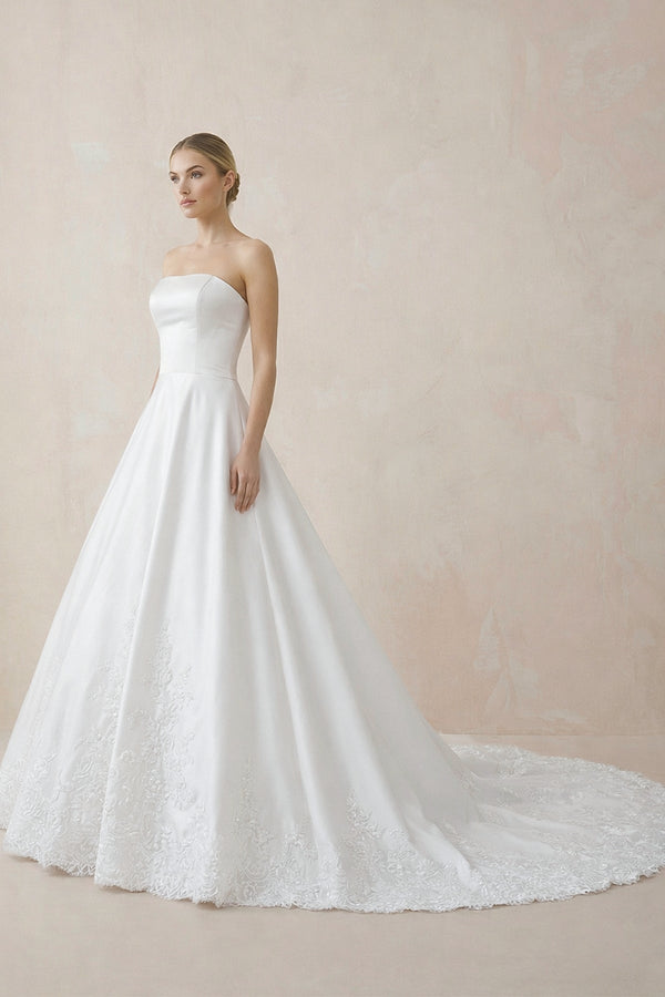 A - Line Strapless Satin Sweep Train Wedding Dresses in White - SHE IS ME Wedding Dresses