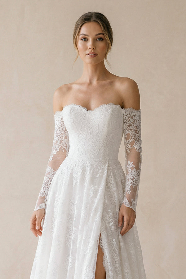 A Line Sweetheart Lace Wedding Dress With Slit in White - SHE IS ME Wedding Dresses