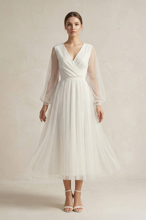 A Line Tulle Long Sleeves Wedding Dress in Ivory - SHE IS ME Wedding Dresses