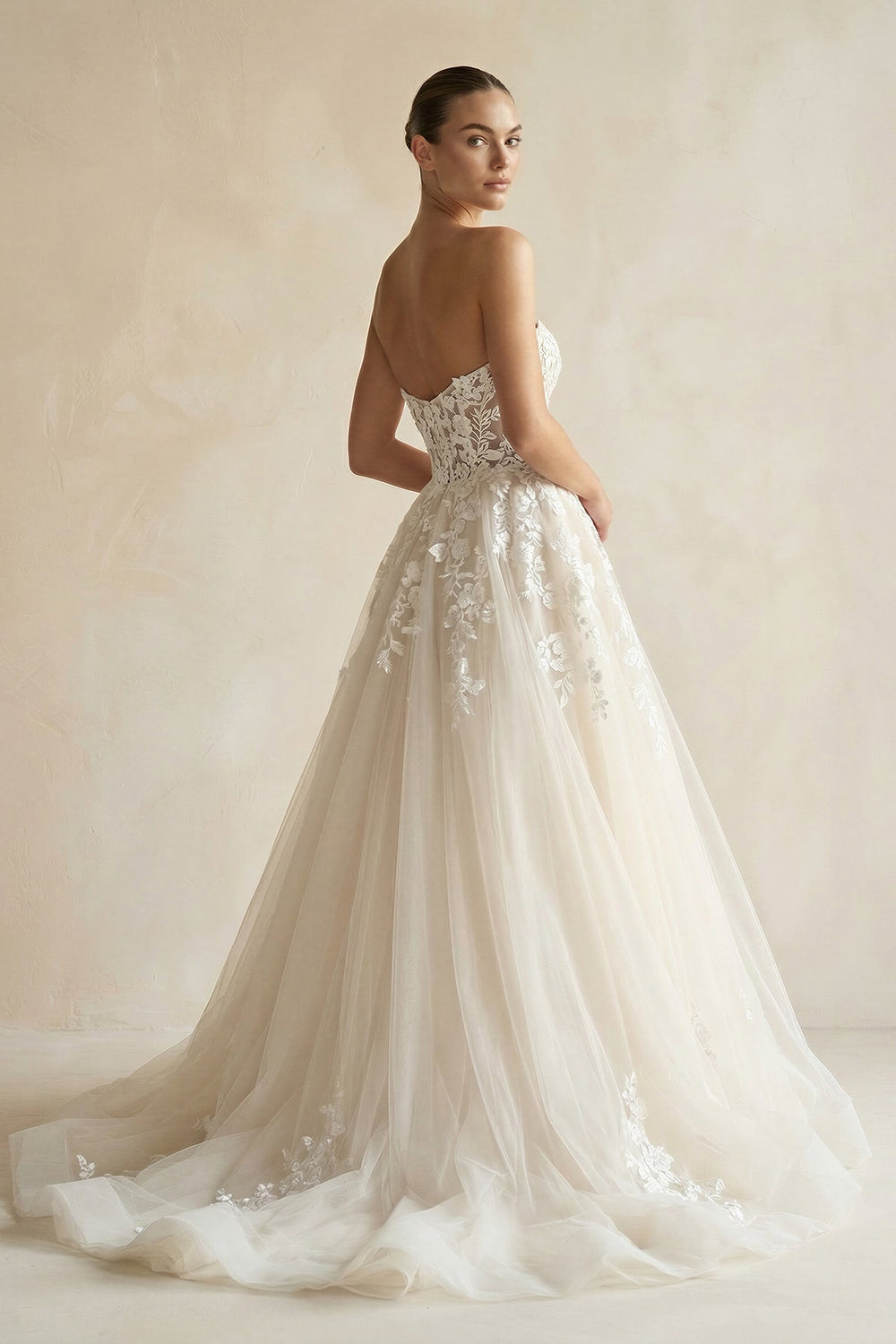 A Line Tulle Sweetheart Wedding Dress With Appliques in White and Nude - SHE IS ME Wedding Dresses