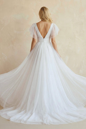 A - Line Tulle Wedding Dress With V - Neck in White - SHE IS ME Wedding Dresses