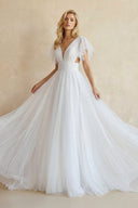 A - Line Tulle Wedding Dress With V - Neck in White - SHE IS ME Wedding Dresses