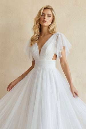 A - Line Tulle Wedding Dress With V - Neck in White - SHE IS ME Wedding Dresses