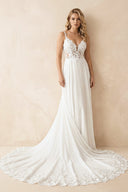 A Line V Neck Chiffon Wedding Dress With Appliques in White and Nude - SHE IS ME Wedding Dresses