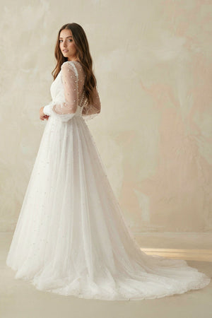 A Line V Neck Long Sleeves Tulle Wedding Dress - SHE IS ME Wedding Dresses