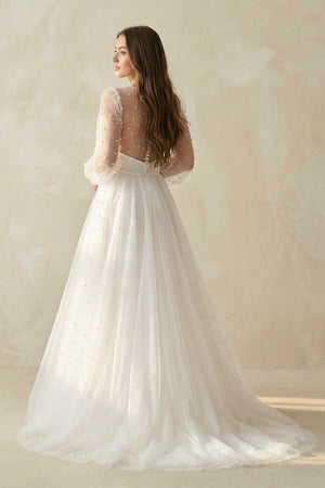 A Line V Neck Long Sleeves Tulle Wedding Dress - SHE IS ME Wedding Dresses