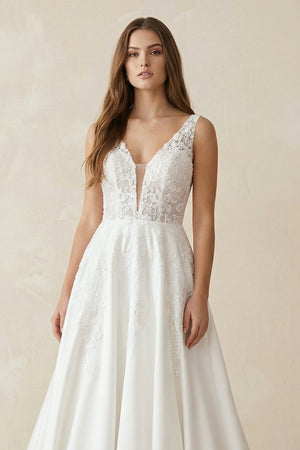 A Line V Neck Satin Wedding Dress With Appliques - SHE IS ME Wedding Dresses