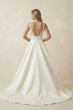 A Line V Neck Satin Wedding Dress With Appliques in Ivory - SHE IS ME Wedding Dresses