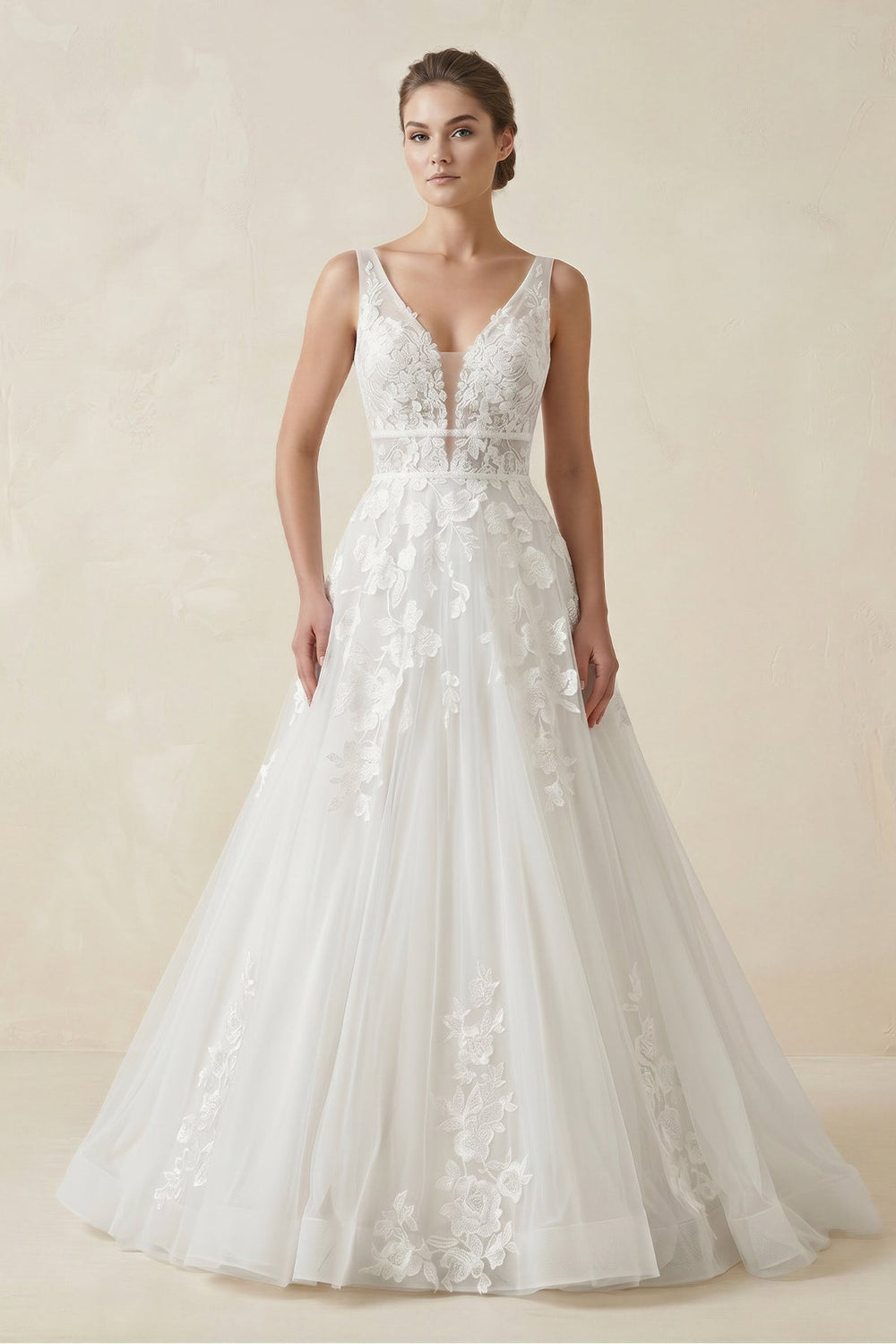 A - Line V Neck Tulle Wedding Dress With Appliques in White - SHE IS ME Wedding Dresses