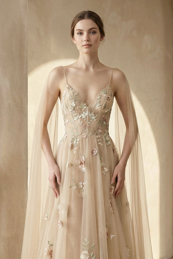 A - line V Neck Tulle Wedding Dresses With 3D Flower - SHE IS ME Wedding Dresses