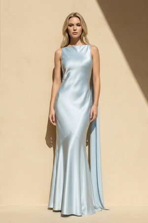 Bateau Neck Maxi Dress with Satin Panel in Sky Blue - SHE IS ME
