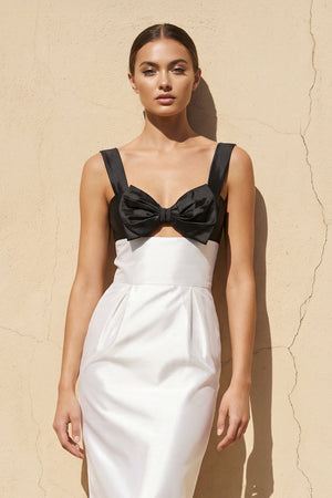 Bow Sheath Satin Midi Dress in Black and White - SHE IS ME