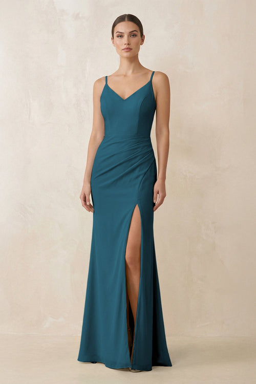 Cami Strap Chiffon Sheath Bridesmaid Gown in Dark Teal - SHE IS ME Bridesmaid Dresses