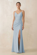 Cami Strap Chiffon Sheath Bridesmaid Gown in Dusty Blue - SHE IS ME Bridesmaid Dresses