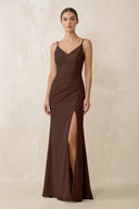 Cami Strap Chiffon Sheath Bridesmaid Gown in Espresso - SHE IS ME Bridesmaid Dresses