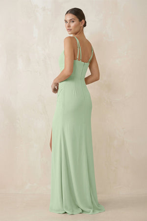 Cami Strap Chiffon Sheath Bridesmaid Gown in Sage - SHE IS ME Bridesmaid Dresses