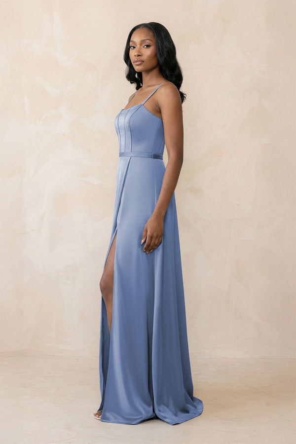 Cami Strap Corset Satin Sheath Bridesmaid Dress in Mist - SHE IS ME Bridesmaid Dresses