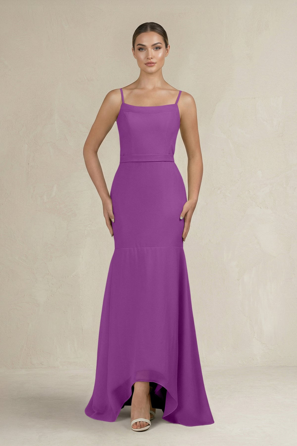 Cami Strap Mermaid Ruffled Chiffon Bridesmaid Dress in Amethyst - SHE IS ME Bridesmaid Dresses