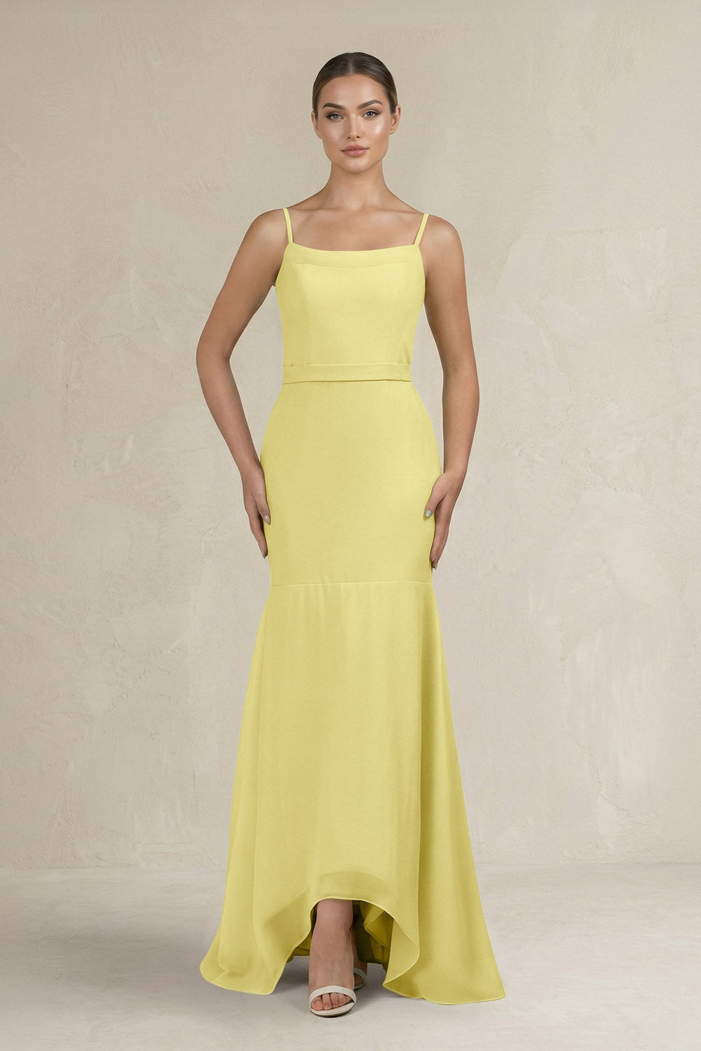 Cami Strap Mermaid Ruffled Chiffon Bridesmaid Dress in Buttercup - SHE IS ME Bridesmaid Dresses