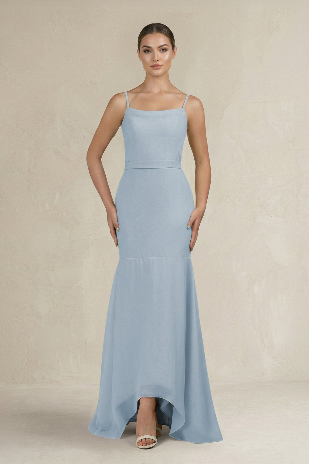 Cami Strap Mermaid Ruffled Chiffon Bridesmaid Dress in Dusty Blue - SHE IS ME Bridesmaid Dresses