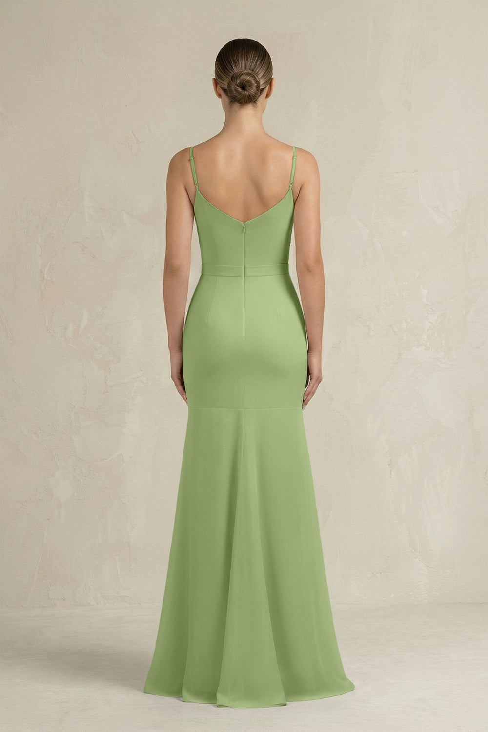 Cami Strap Mermaid Ruffled Chiffon Bridesmaid Dress in Matcha - SHE IS ME Bridesmaid Dresses