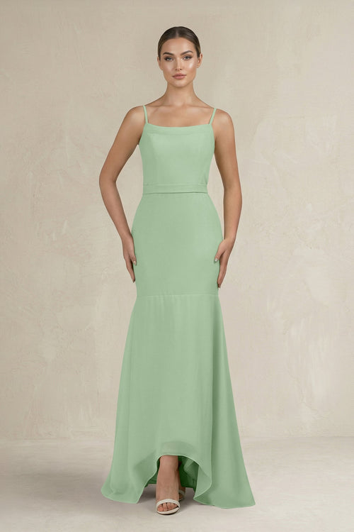 Cami Strap Mermaid Ruffled Chiffon Bridesmaid Dress in Sage - SHE IS ME Bridesmaid Dresses
