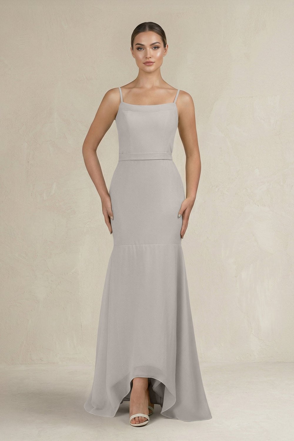 Cami Strap Mermaid Ruffled Chiffon Bridesmaid Dress in Silver - SHE IS ME Bridesmaid Dresses