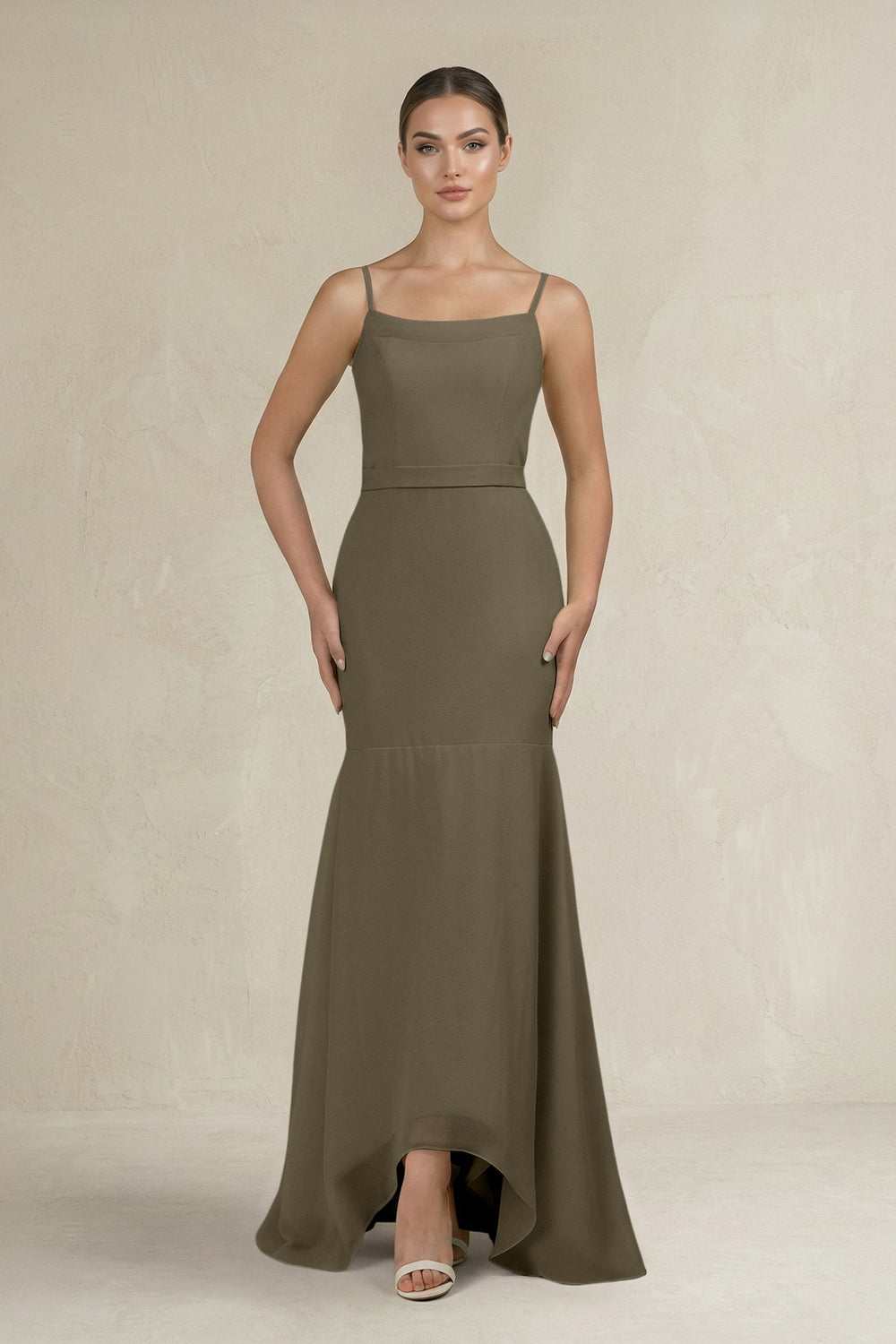 Cami Strap Mermaid Ruffled Chiffon Bridesmaid Dress in Willow Green - SHE IS ME Bridesmaid Dresses