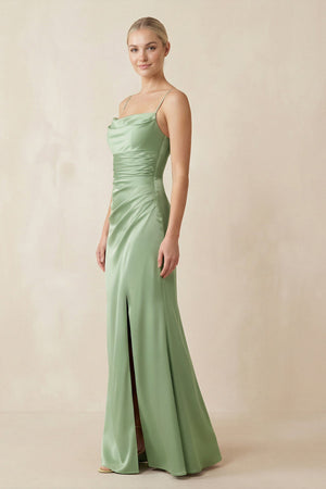 Cami Strap Ruched Satin Sheath Bridesmaid Dress in Sage - SHE IS ME Bridesmaid Dresses
