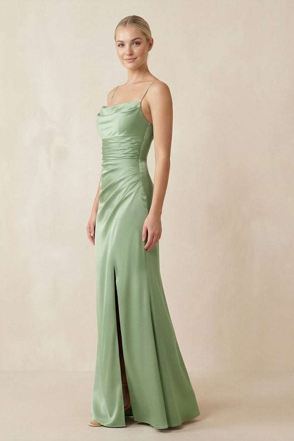 Cami Strap Ruched Satin Sheath Bridesmaid Dress in Sage - SHE IS ME Bridesmaid Dresses