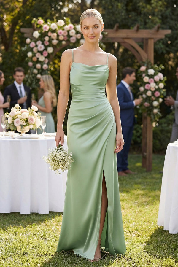 Cami Strap Ruched Satin Sheath Bridesmaid Dress in Sage - SHE IS ME Bridesmaid Dresses