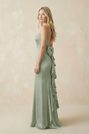 Cami Strap Ruffled Satin Bridesmaid Dress With Bow in Dove Gray - SHE IS ME Bridesmaid Dresses