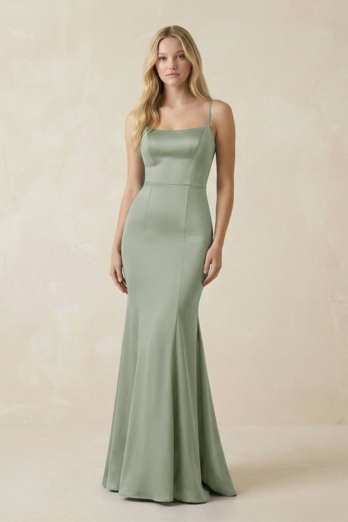 Cami Strap Ruffled Satin Bridesmaid Dress With Bow in Dove Gray - SHE IS ME Bridesmaid Dresses